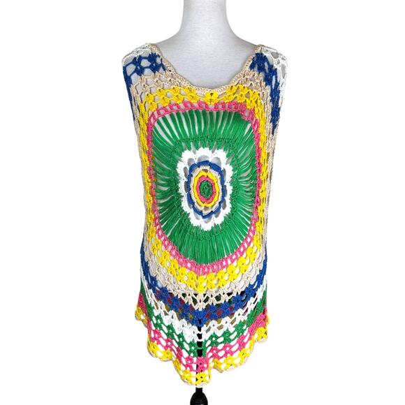 U-Style Bright Multicolor Sleeveless Open Crochet Relaxed Coverup Festival Top - Picture 1 of 10
